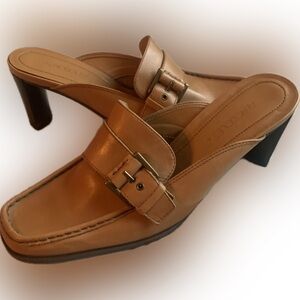 AEROSOLES high heel loafer mule with buckle, tan leather, 8M